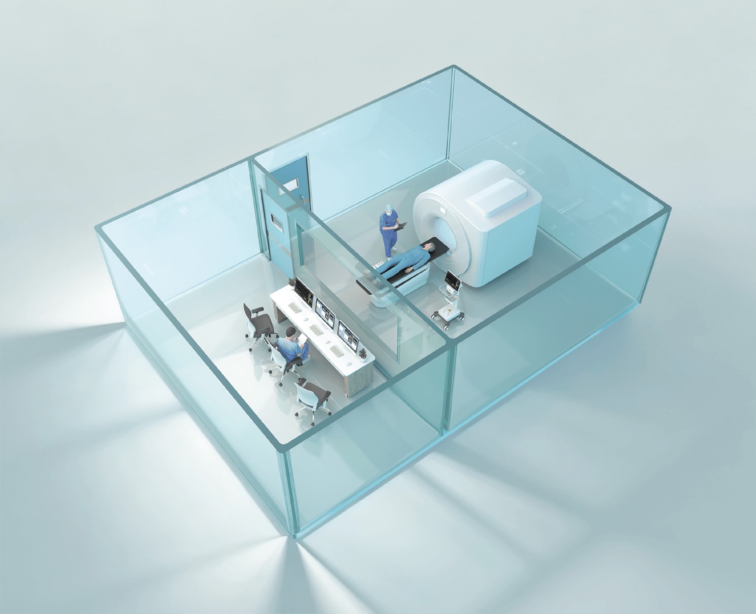 MRI control room and shielded room dual-screen workflow